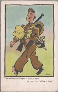 Military Humor-"The Old Man brought it over in 1916.. Soldier with German Helmet - Picture 1 of 2