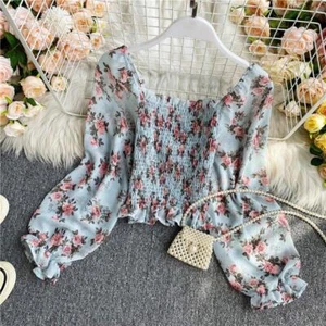 Short Chiffon Off-shoulder Shirt Floral Printed Tops Pleated Frill Ruffle Blouse - Picture 1 of 14