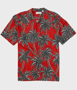 $79 Caribbean Silk Blend Men, Palm Tree Print Short-Sleeve Woven Shirt, Red, XL - Picture 1 of 1