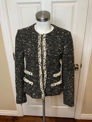 Chaqueta de tweed Nanette Lepore blanco y negro con ribete de flecos, talla 8 Foto 1 de 4