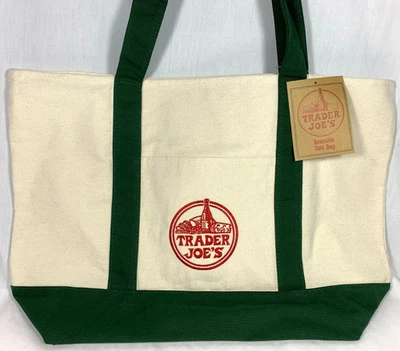 Bolsa tote Trader Joes reutilizável grande resistente algodão verde branca, nova com etiquetas pré-venda - Imagem 1 de 4