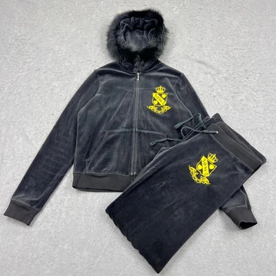 De Colección Juicy Couture Chándal Grande Negro Terciopelo Pantalón Sudadera con Capucha Chaqueta Piel Dorado Y2K Foto 1 de 4