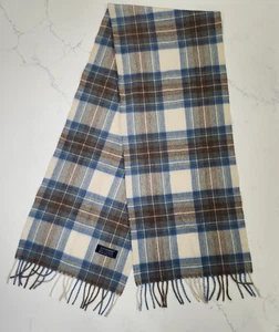 "Bufanda Lochmere 100 % cachemir beige tostado azul flecos a cuadros ~ 11,5"" x 60""" - Imagen 1 de 6