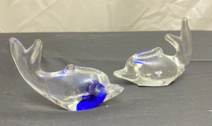 2 Blue Glass Dolphin Paperweights 4 Inches Long Vintage Lot #2 - Picture 1 of 4
