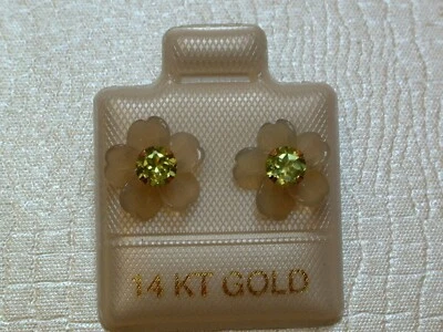 TOP Peridot Blüten Ohrstecker - 4 mm - 14 Kt. Gold - 585 - Ohrringe Brillant Cut - Bild 1 von 4