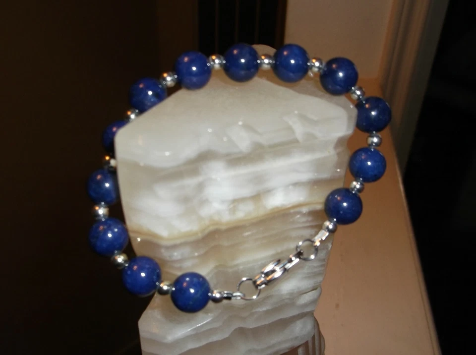 PULSERA HOMBRE HECHA A MANO 8 1/4" 10 MM LAPISLÁZULI AZUL Y 2 MM PLATA ESTERLINA CUENTAS Foto 1 de 1
