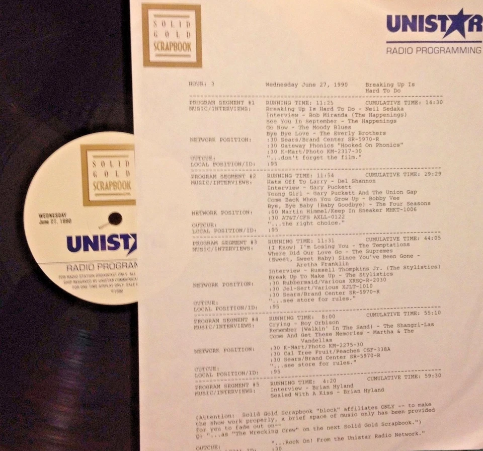 RADIO SHOW: 6/27/90 BREAK UP SONGS! ROY ORBISON,BRIAN HYLAND, 4 SEASONS,SUPREMES - Image 1 of 1