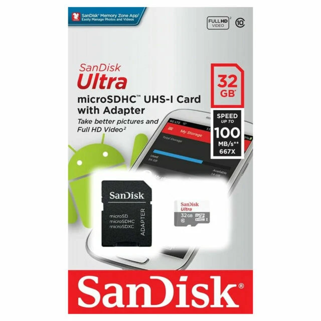 SanDisk Ultra 32 GB Micro SD Class 10 microSDHC Memory Card - SDSQUNR-032G-GN3MA