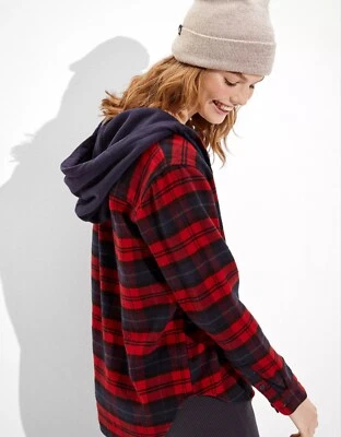 NEW American Eagle Women's AE Cozy Cabin Hoodie Flannel Red Navy Plaid Size S - Image 1 of 4
