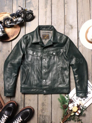 Men's Storm Rider Jacket Full Grain Retro Denim Genuine Leather Jacket - Image 1 of 4