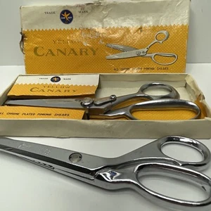 Vintage YELLOW CANARY Chrome Plated PINKING SHEARS 8" w/ Original Box 2 PAIRS - Picture 1 of 18