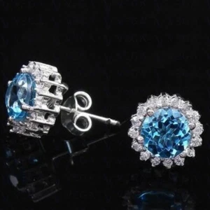 4.70ct Round Cut Natural Blue Topaz & Diamond Stud Earring 18k White Gold Plated - Picture 1 of 10