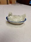 Vintage Blue and White Ceramic Hen On Nest 6" Small Covered Dish - Stamped Back
