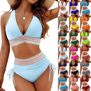 2-teiliges Damen-Bikini-Set mit hoher Taille, Neckholder, gepolsterter BH - Bild 1 von 35