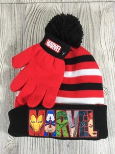 MARVEL BOYS Black, Red & White Stripped HAT & GLOVES New - Picture 1 of 4