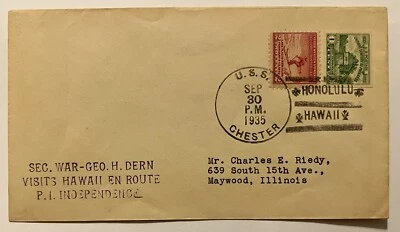 1935 USS CHESTER COVER HONOLULU HAWAII SEC. WAR ENROUTE PHILIPPINES INDEPENDENCE - Image 1 of 4