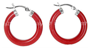 Fashion Natural 30mm Red Coral 925 Silver Hoop Dangle Pierced Earrings AAA