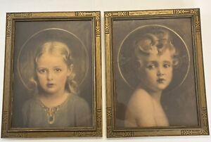 E Gross Co. Chambers Light Of The World & Mary Most Holy Prints Gold Deco Frame