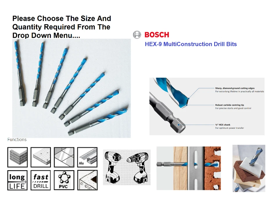 Bosch Multi Purpose Hex-9 Multi Construction Drill Bit Single Or Set 1/4 Hex Drv