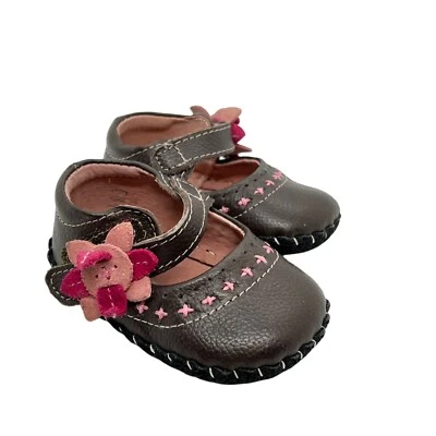 Zapatos de cuero marrón pediped con flores rosas suela suave talla 0-6 meses Foto 1 de 4