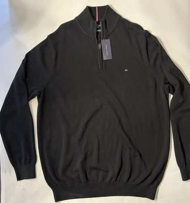Nuevo con etiquetas Suéter Tommy Hilfiger 1/4 Cremallera Negro Tejido Pullover Talla 2XL NUEVO Foto 1 de 4