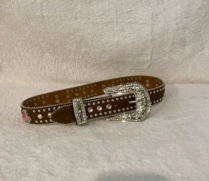 Girls sparkle cross/rhinestone western style brown pink leather belt 28” - Picture 1 of 7