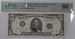 Series 1981 $5 FRN NY Dist. Buchanan/Regan Fr.1976-B PMG Gem UNC 66 EPQ - Picture 1 of 2