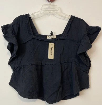 Blusa corta de algodón Impressions para mujer pequeña negra con volantes de gran tamaño ¡NUEVA CON ETIQUETAS! A1225 Foto 1 de 4