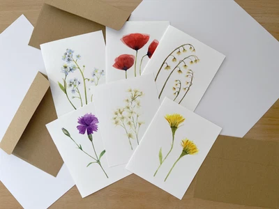 Juego de 6 tarjetas de notas en blanco con sobres, ilustración de acuarela de flores silvestres A2 Foto 1 de 4
