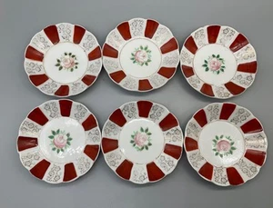 Vintage striped small dishes trinket Japan hand painted set 6 red rose 4.5” - Picture 1 of 7