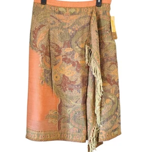 NWT Faux Wrap Midi Skirt Wool Fringed Paisley Professional Business Career - Picture 1 of 7