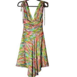 VTG Y2K ABS by Allen Schwartz Dress 2 Rainbow Swirl Ruched Handkerchief Hem - Picture 1 of 11