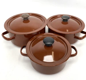 Set di 3 Vasetti Smallati Vintage Anni 70 ACCIAIO Bianco Marrone di Pavone 14cm 16cm 18cm - Foto 1 di 9