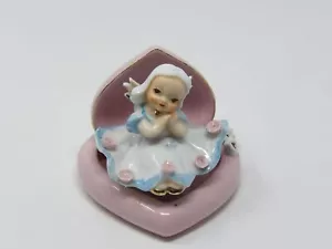 Vintage Figurine Angel Girl Sitting in Pink Heart Gold Rim White Hair Blue and W - Picture 1 of 10