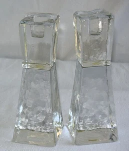 Vtg Pair 6 5/8" Tall Solid Icy Clear Hammered Textured Glass MCM Candlesticks - Picture 1 of 7