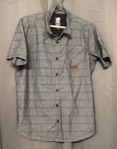 Men’s Metal Mulisha Short Sleeve Button Up Black Blue Red Shirt  Size L  - Picture 1 of 3
