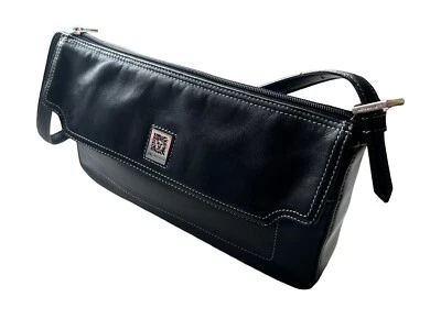 AK Annie Klein Women's Leather Shoulder Bag Black Logo 11” Adjstbl Strap Pocket - Image 1 of 4