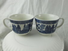 Pair Johnson Bros. Willow Pattern Tea Cups - Blue on White Ceramic - Modern 6 oz