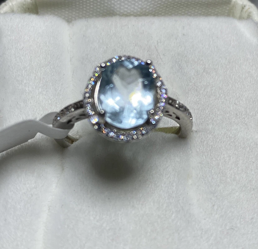 Anillo Aguamarina Natural Genuino Acabado Oro Blanco Corte Ovalado 10x8 mm Acento Halo Foto 1 de 3