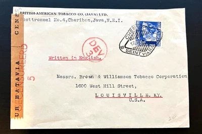 Netherlands Indies:  BAT Cover CHERIBON to KY/USA  ('40)  Censored. - Image 1 of 2