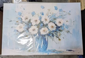 Large 39x27 Canvas Wall Art – Blue & White Floral Painting – Ready to Hang, New - Picture 1 of 2