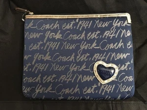 Coach Signature Script Tablet Sleeve Case Clutch Blue & Gold Glitter Heart NWT - Picture 1 of 9