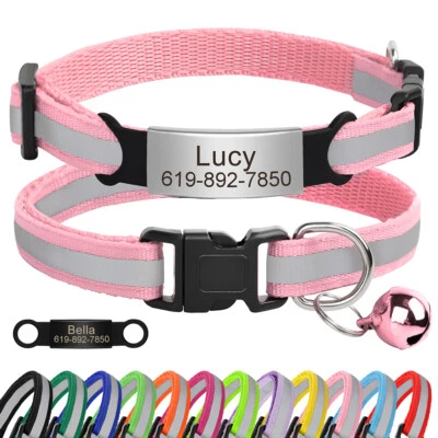 Reflective Nylon Cat Collar Personalised Puppy Kitten ID Tag Engraved with Bell - Bild 1 von 4