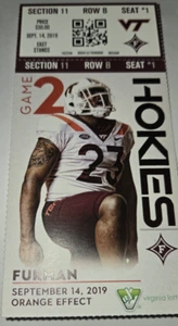 Ticket Virginia Tech Hokies vs Furman 9/14/2019 Unused Mens Football Ticket Stub - Picture 1 of 1