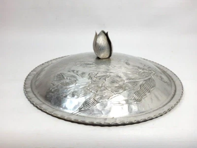 Replacement Lid - Hammered Silver Etched Floral Design Lid Petal Knob - Image 1 of 4