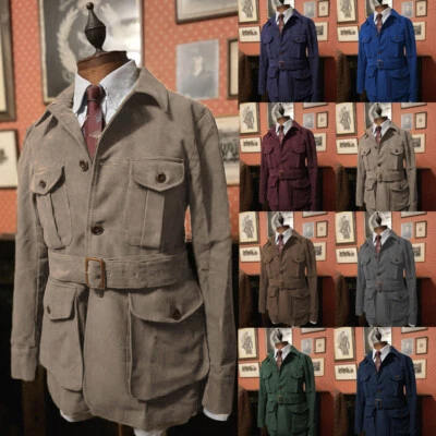 Vintage Suede Men's Safari Jackets with Belt Outdoor Casual Hunting Coats Pants - Image 1 of 4