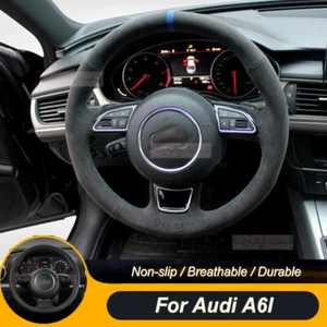 Cubierta de volante de coche antideslizante duradera de gamuza negra con hilo azul para Audi A6L - Imagen 1 de 6