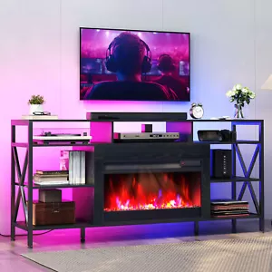 TC-HOMENY LED TV Stand with Fireplace Wood Entertainment Center for Up to 80" TV - Picture 1 of 14
