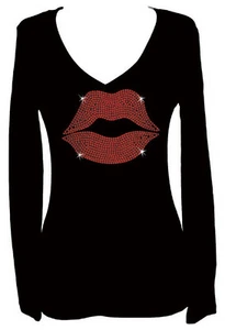CAMISETA DE MANGA LARGA CON LABIOS ROJOS BLING LENTEJUELAS BRILLO CUELLO EN V - Imagen 1 de 2