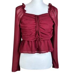 Vigoss Rüschen Chiffon Top Größe Large Kirschrot Schößchen Rausch Gesmokt Transparent  - Bild 1 von 12